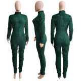 Autumn and winter new stretch bubble plaid stand collar slim fashion jumpsuit
