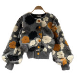 Velvet three-dimensional flower decoration single breasted short coat in autumn and winter