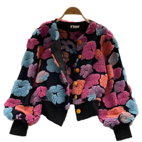 Velvet three-dimensional flower decoration single breasted short coat in autumn and winter