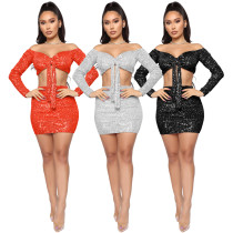 Autumn and Winter One Shoulder Long Sleeve Sequins Lace up Sexy Dress Party Two Piece Set