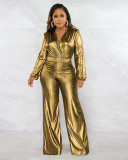Autumn and winter V-neck sexy slim nightclub style long sleeve wide leg jumpsuit