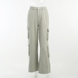 Denim overalls Hip hop style waist frill low waist multi pocket trousers