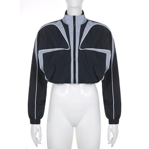 Contrast stitching loose waist zipper stand collar top sweater jacket