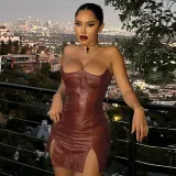 PU leather personality straight neck low chest sexy tight sleeveless backless dress
