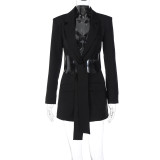 Personalized hollow waist strap mid length suit coat