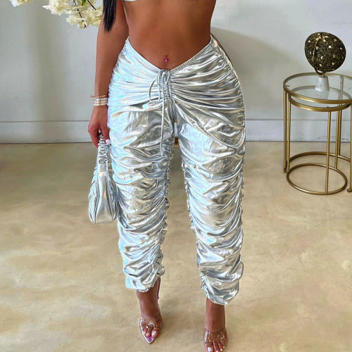 Sexy open navel low waist trousers with gold stamping and pleated casual pants