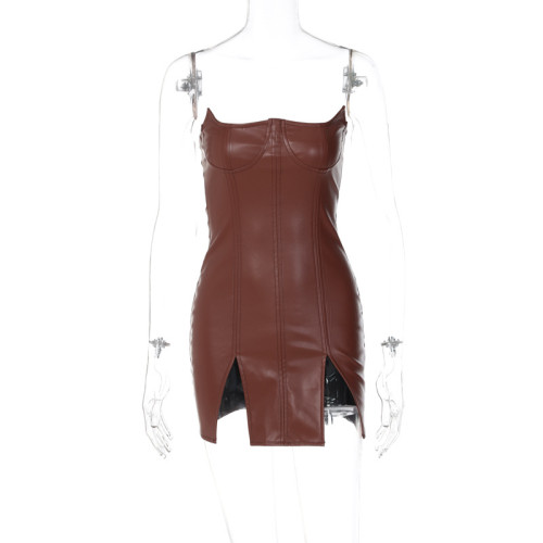 PU leather personality straight neck low chest sexy tight sleeveless backless dress