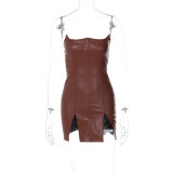 PU leather personality straight neck low chest sexy tight sleeveless backless dress
