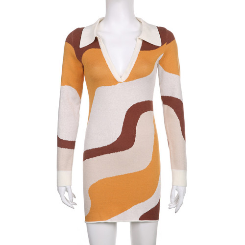 Autumn and Winter Women's Irregular Color Contrast Splice POLO Collar Long Sleeve Tight Hip Wrap Woolen Dress