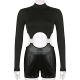 Women's solid half high neck long sleeve splicing PU hollow exposed navel personalized tight one-piece shorts