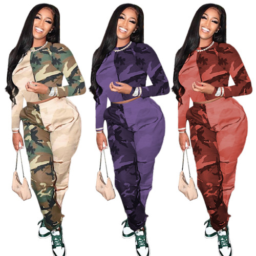 Women's sexy fashion color matching camouflage printed casual wide leg pants two-piece set