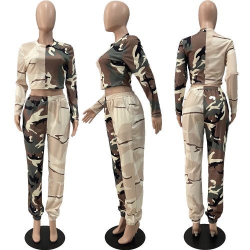 Women's sexy fashion color matching camouflage printed casual wide leg pants two-piece set