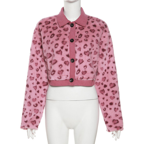 Lapel Pink Leopard Fit Plush Coat