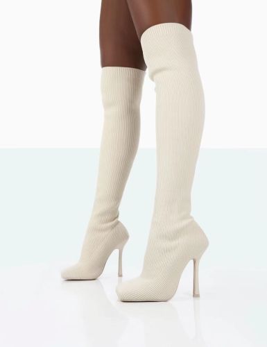 Oversized women's shoes solid color elastic fly woven upper square head thin heel knee socks boots