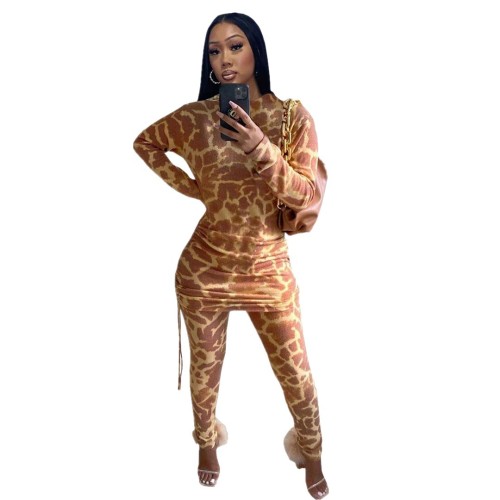 Women's fashion leopard print splicing long sleeve hip wrap high waist dress+trousers suit