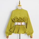 Stand collar long sleeve pleated ruffles, careful machine, versatile top, fashionable matching belt