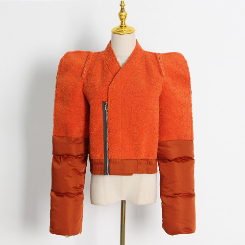Fashionable splicing fleece short women's jacket color contrast coat
