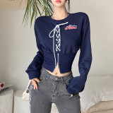 Women's fashion sexy round neck strap chest zipper waist waist exposed navel sweater