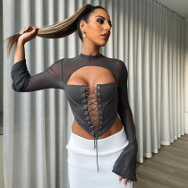 Solid casual backless round neck long sleeve lace mesh slim top