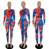 Fashion printed top and trousers pit strip two-piece set