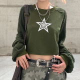 Hip hop patchwork lantern sleeve star pattern loose solid short sweater for women