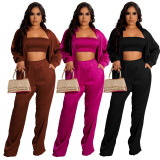 Fashion style solid color top and trousers three piece set