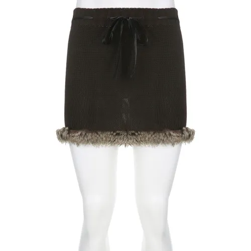 Raw edge drawstring lace up short buttocks skirt solid wool woven skirt
