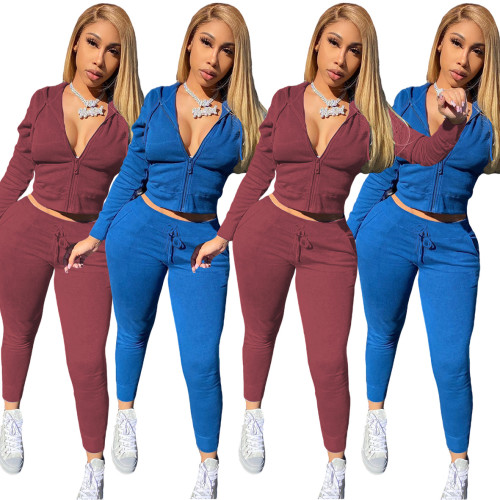 Solid zip hooded drawstring sweater two-piece sports suit