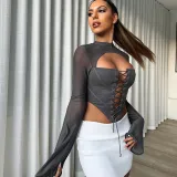Solid casual backless round neck long sleeve lace mesh slim top