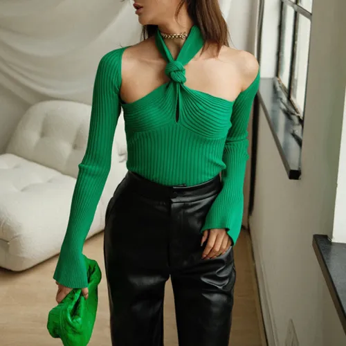 Long Sleeve Hollow Off Shoulder Solid Short Women's T-Shirt Twist Knit