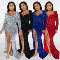 Sexy Slim V Neck Wrapped Chest Sequins Floor Length Dress Nightclub Dress