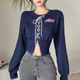 Women's fashion sexy round neck strap chest zipper waist waist exposed navel sweater