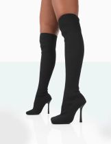 Oversized women's shoes solid color elastic fly woven upper square head thin heel knee socks boots