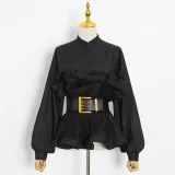 Stand collar long sleeve pleated ruffles, careful machine, versatile top, fashionable matching belt