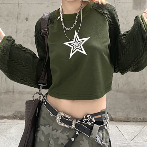 Hip hop patchwork lantern sleeve star pattern loose solid short sweater for women