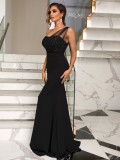 Solid color long sleeveless fashion slim temperament big hem dress evening dress