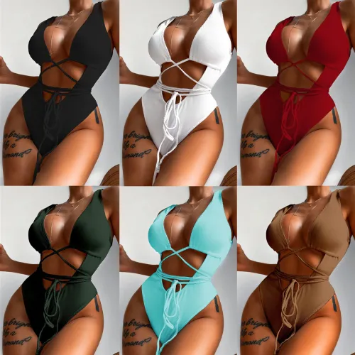 One piece bikini solid color hollow strap one piece swimsuit