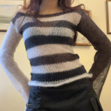 Black and white striped characteristic raglan sweater slim thin flare sleeve top