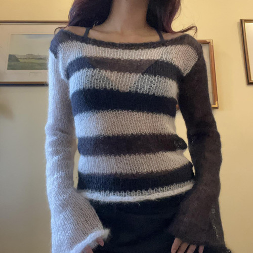 Black and white striped characteristic raglan sweater slim thin flare sleeve top