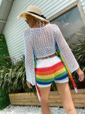 Rainbow Color Contrast Split Swimsuit Cover Up Color Tassel Sunscreen Beach Women's Hook Set