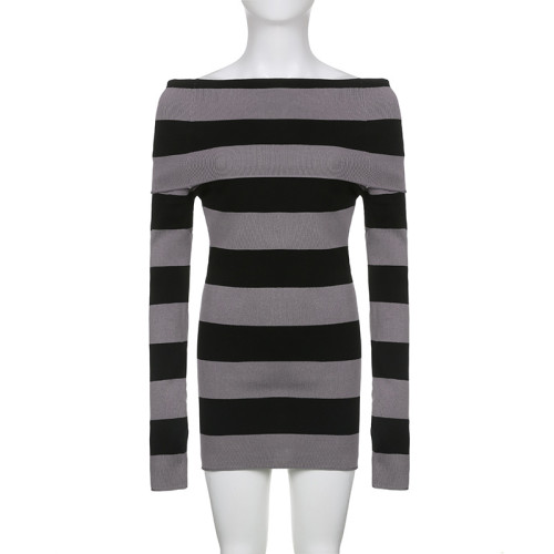 Vintage Wide Stripe One Neck Knitted Long Sleeve Dress