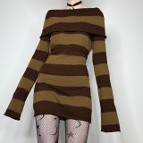 Vintage Wide Stripe One Neck Knitted Long Sleeve Dress