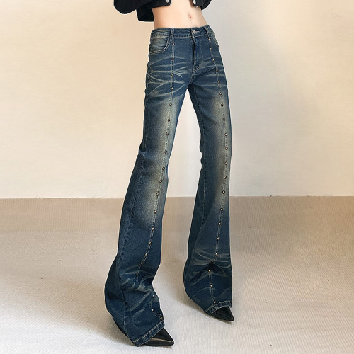 Featured Rivet Washed White Thin Leg Jeans Spice Girl High Waist Slim Slim Floor Puller Pants