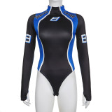 Personalized street racing style color contrast panel high neck tight thin bottomed long sleeve one-piece suit