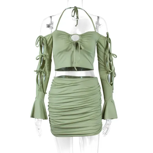 Women's two-piece long sleeved short skirt sexy low cut lace up flared sleeve hip wrap skirt
