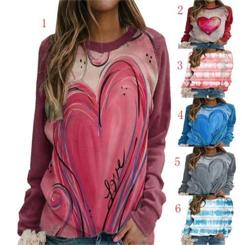 Loose casual round neck long sleeve printed T-shirt