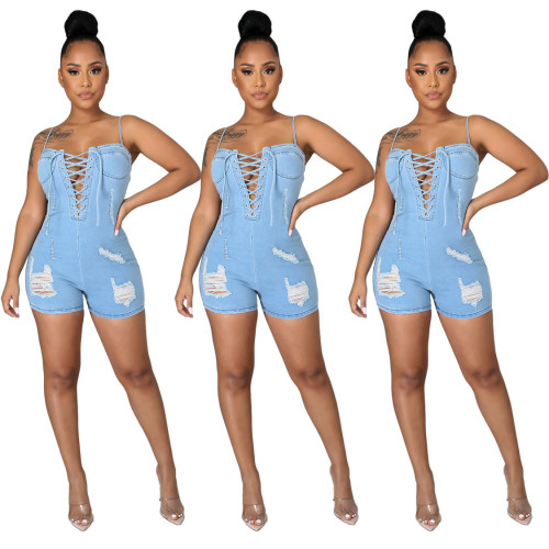 Casual fashion slim backless strap denim jumpsuit