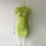Women's mesh cut out short sleeve pleated slim bag hip tight dress