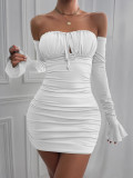 Sexy Wrapped Chest Dress with Pleated Flare Sleeve Wrapped Hip Dress
