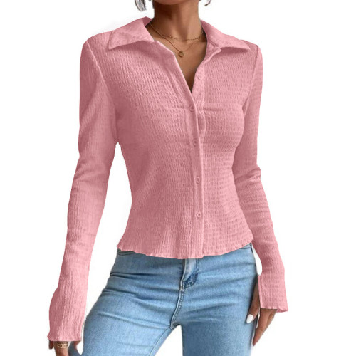 Solid color splicing sleeve split cardigan button top lapel T-shirt